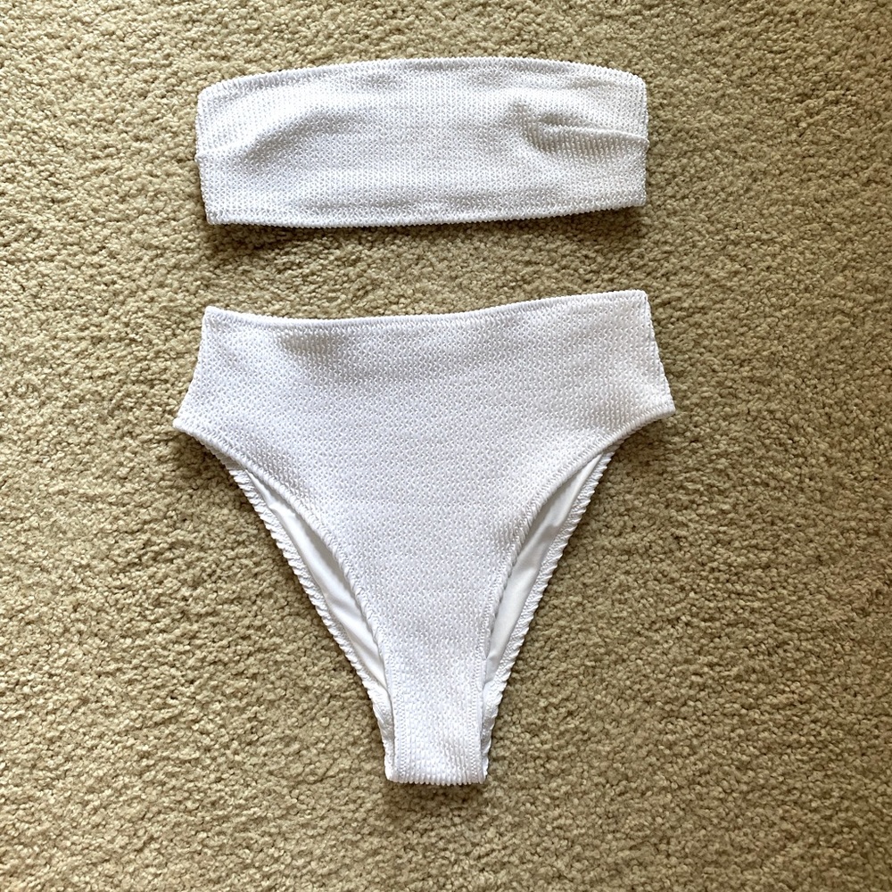 White crinkle bikini with high waisted bottoms